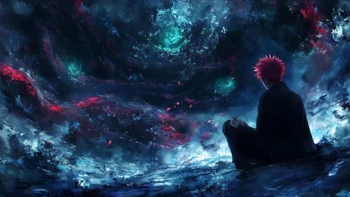Lone red haired dreamer gazes into a swirling cosmic storm.
