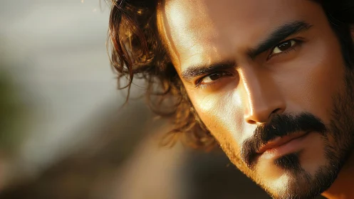 Sunlit intense male portrait with cinematic golden warmth