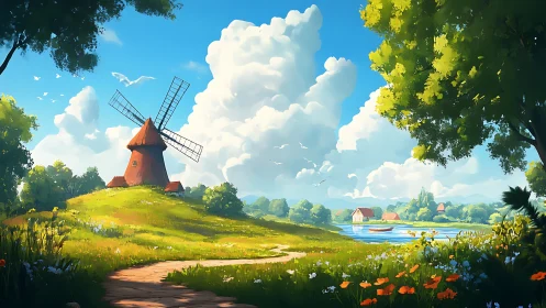 Sunny countryside windmill under towering summer clouds.