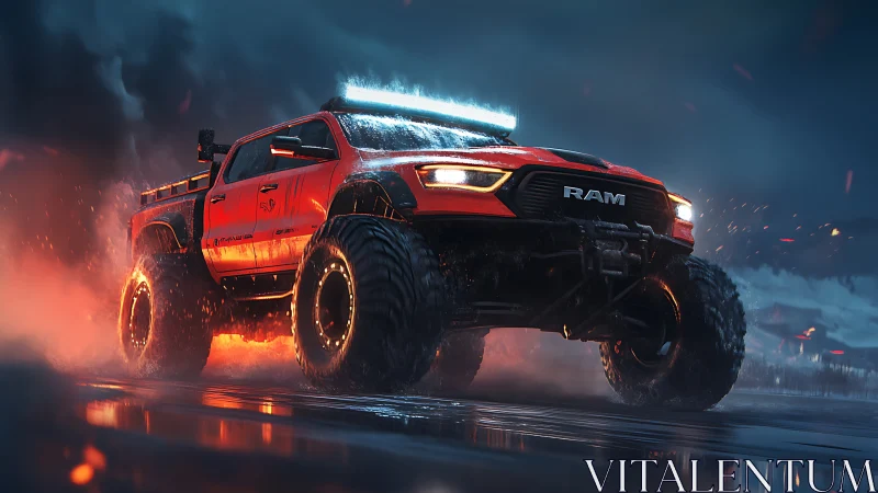 Blazing off road truck charges boldly through stormy night