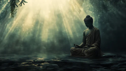 Serene Buddha statue absorbs dappled forest godrays in meditation