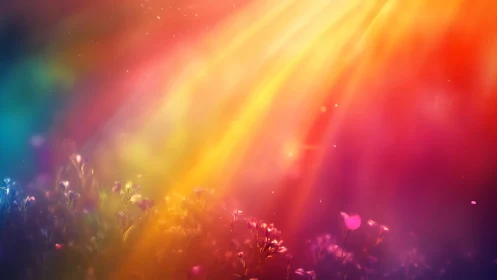 Rainbow light beams over soft focus wildflower field.