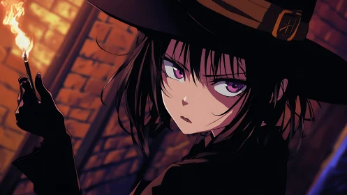 Anime witch character holds burning match in brick alleyway