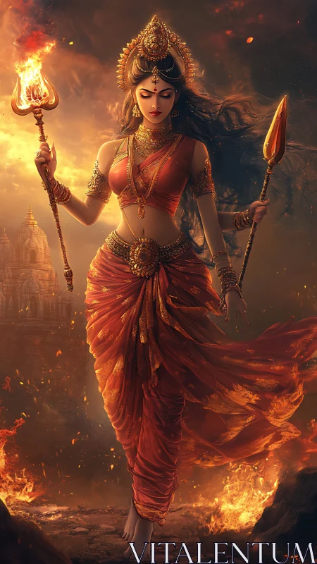 Fiery goddess figure strides through flames holding weapons