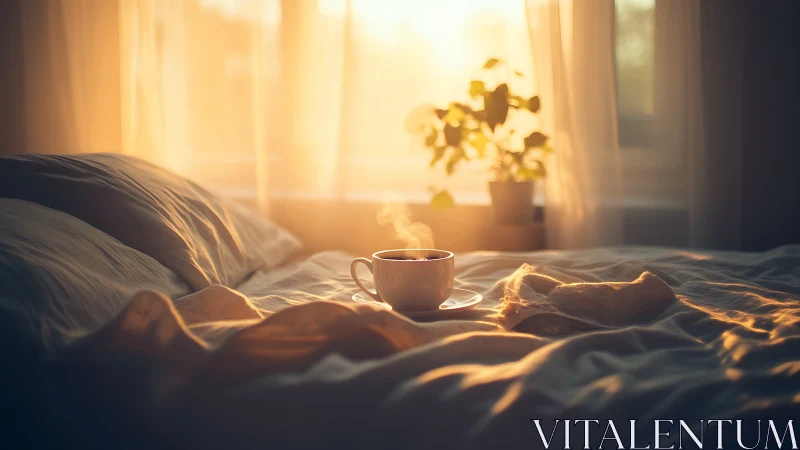 Morning sunlight pours over bed linens and a steaming cup
