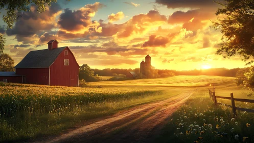 Red barn and silos overlook sunlit rural farmland at sunset