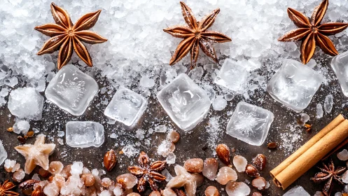 Macro study of crystalline ice, star anise pods, and sugars.