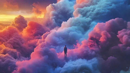 Solitary human silhouette in volumetric neon stratiform clouds.