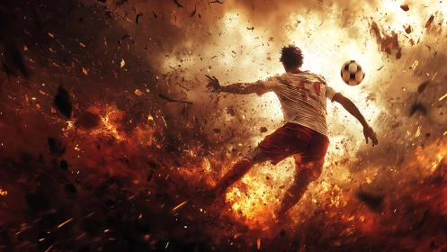 Soccer player kicks ball through fiery explosion in motion