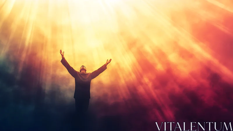 Silhouette worshiper reaches toward radiant golden light