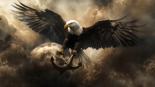 Dynamic bald eagle with anchor over planet in stormy clouds