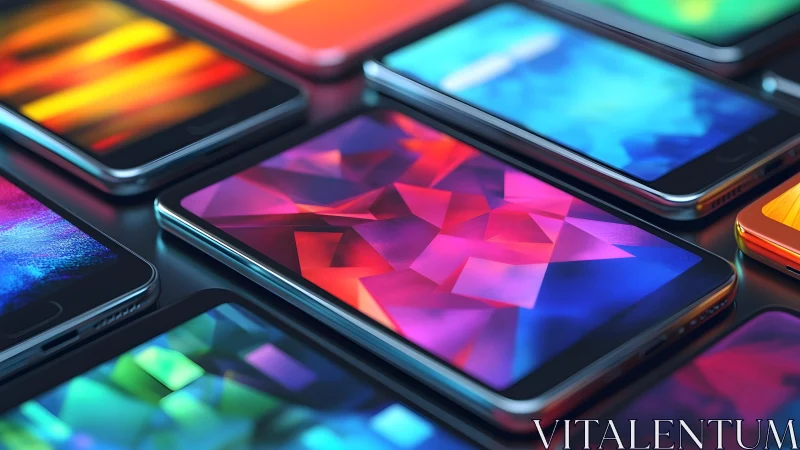Array of Modern Smartphones with Vibrant Abstract Screens, Digital Art. Array of Modern Smartphones with Vibrant Abstract Screens, Digital Art.