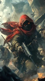 Hooded urban striker advances through burning war-torn ruins.