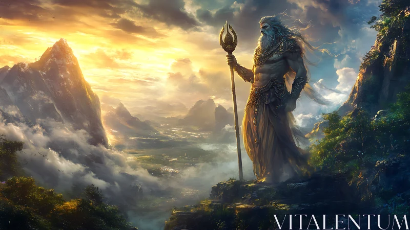 Storm god towering over sunrise mountainscape horizon.