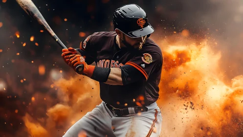 Powerful baseball swing captures a fiery moment in play
