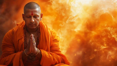Peaceful monk in warm orange light, holding gentle prayer.