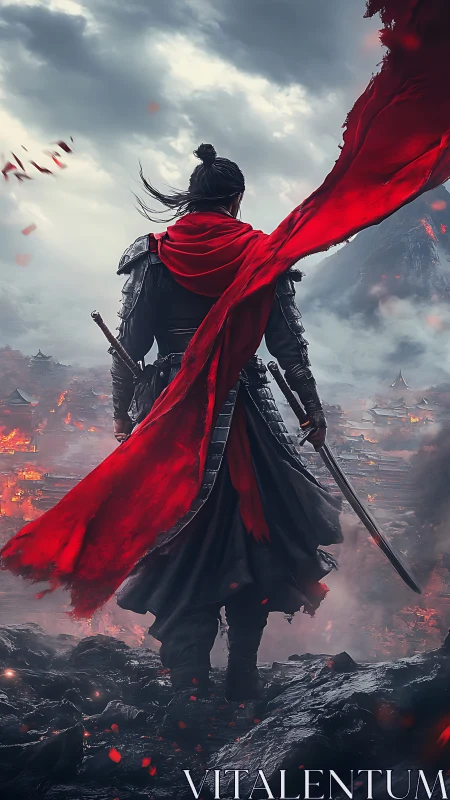 Armored swordsman surveys volcanic battlefield under dynamic red banner