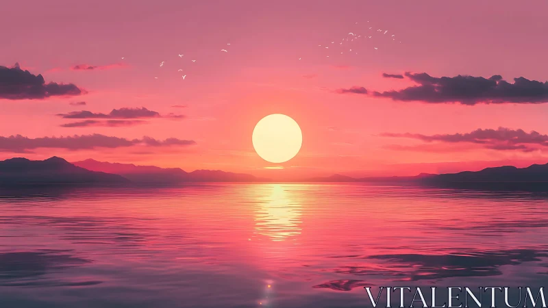 Radiant pink ocean sunset with silhouetted distant peaks.