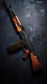 Vintage assault rifle lies diagonally on dark textured surface