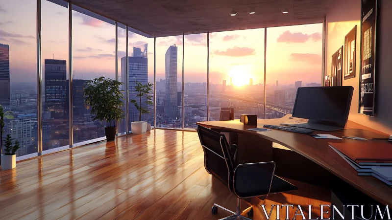 Executive Suite Overlooking Metropolitan Skyline at Sunset