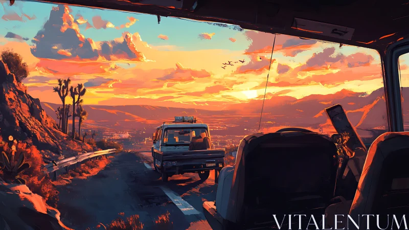 Sunset caravan rolls through neon desert skyroad dreams.