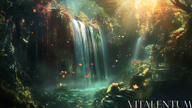 Sunlit fae falls pour magic light into jade forest pool.