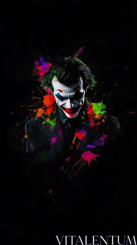 Haunting clown portrait emerges from neon paint-splattered void