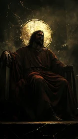 Digital painting of enthroned robed figure with radiant halo backlight.