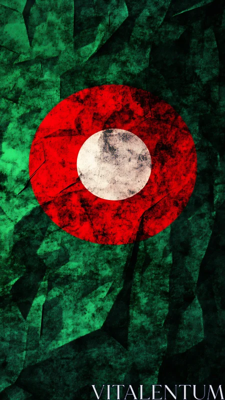 Textured circular emblem on fractured green background.