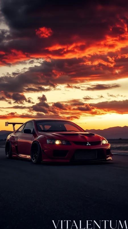Sunset cruise with a bold red sports car on open road.