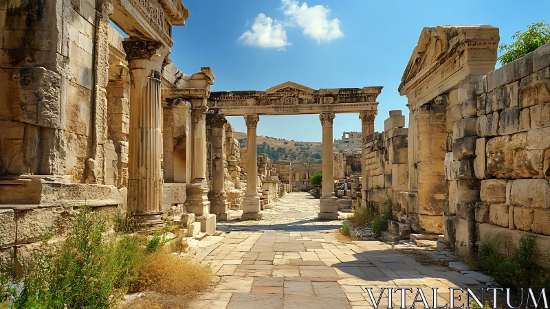 Ancient stone colonnade under clear Mediterranean sky.