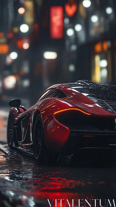 Red hypercar glows under neon rain on reflective city street.