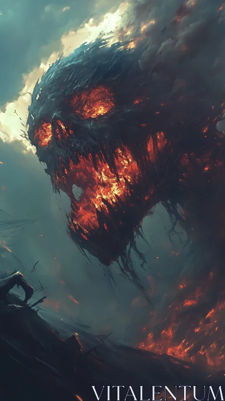 Colossal flaming skull entity emerges from storm-torn clouds