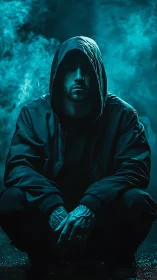 Hooded man crouches in teal fog with dramatic lighting