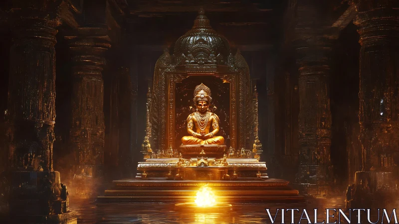 Golden temple guardian resting in a glowing sacred hall.