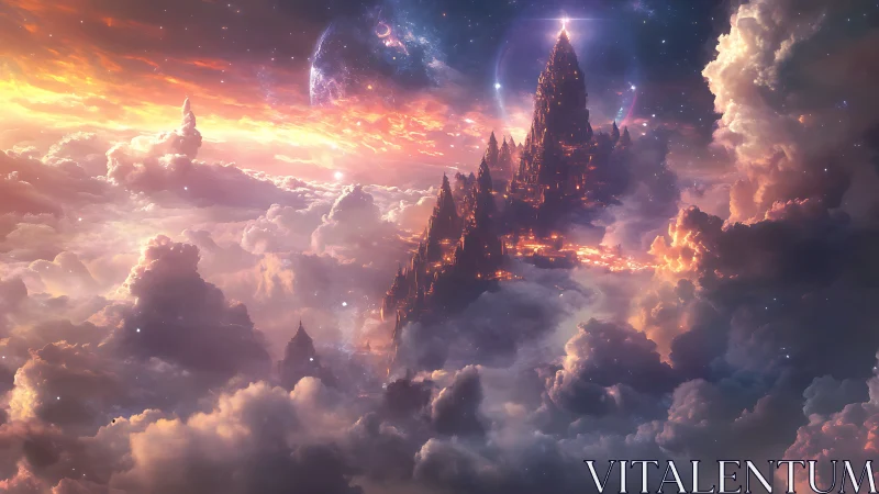 Celestial citadel rising through luminous storm clouds.