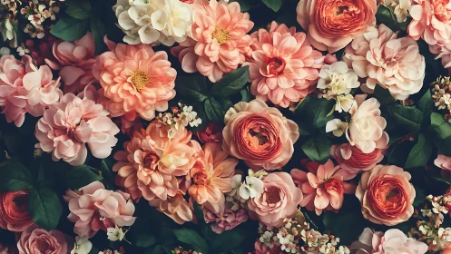 Pink Roses and Garden Blooms Against Dark Background.