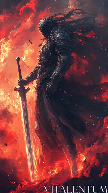 Shadow knight standing calm within a roaring sea of fire.