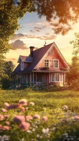 Sunlit Victorian cottage with wraparound porch in meadow