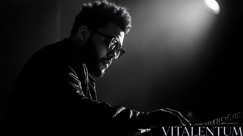Moody monochrome musician at keyboard in dramatic light.