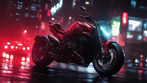 Cyberpunk streetfighter motorcycle in neon rain composition.