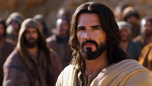 Epic period leader portrait before blurred followers.