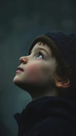 Child in profile gazes upward with contemplative expression while wearing dark knit hat