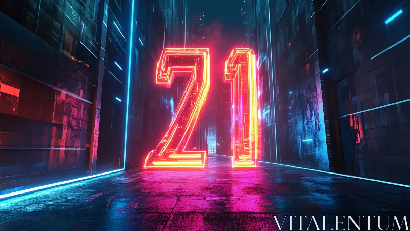 Neon number 21 glowing in a futuristic city alleyway.