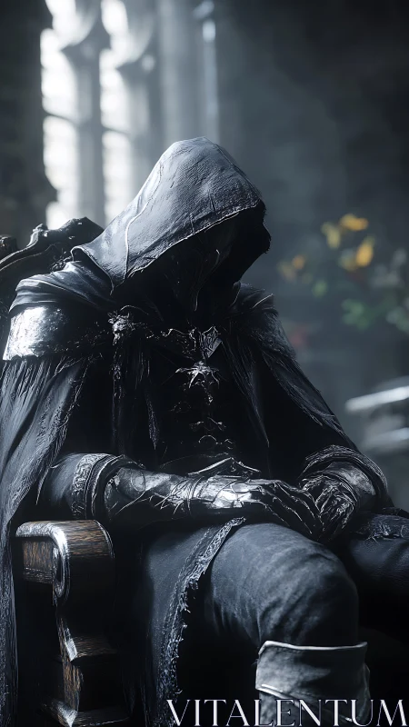 Hooded dark figure resting on ornate wooden chair indoors.