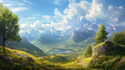 Sunlit valley cradled by sapphire mountains and bright clouds.
