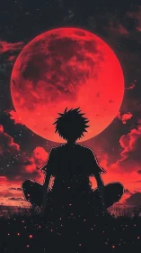 Backlit silhouette studies colossal red moon under nocturnal sky