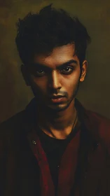 Moody low-key portrait of man in deep golden chiaroscuro.