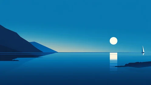 Midnight yacht drifts across a still sapphire moonroad.