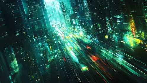 Neon expressway slicing through rain-soaked cyber cityscape.